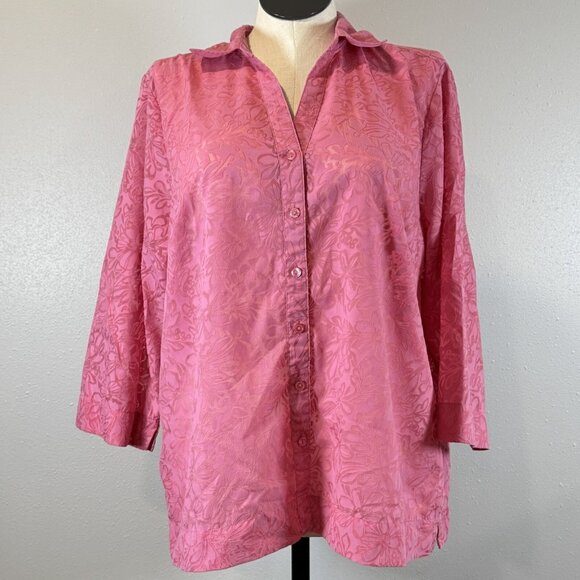 Studio Works Womens Pink Floral Burnout Button Up Blouse 3/4 Sleeve Top Size 2X - Picture 1 of 13